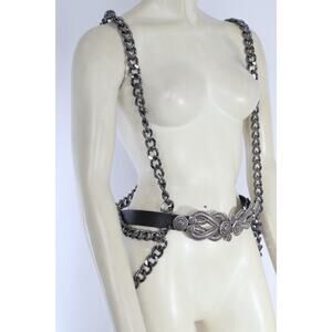 Black One Of A kind Leather Chain Harness Belt Restored Gothic Statement Size S